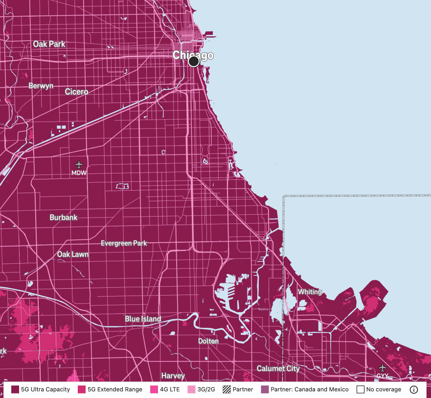 A screenshot of T-mobile's 5G/4G coverage map in Chicago